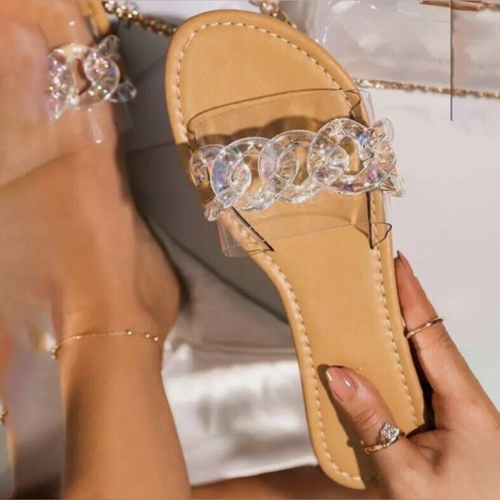 🆕 Clear Chain Detail Nude Flat Sandals